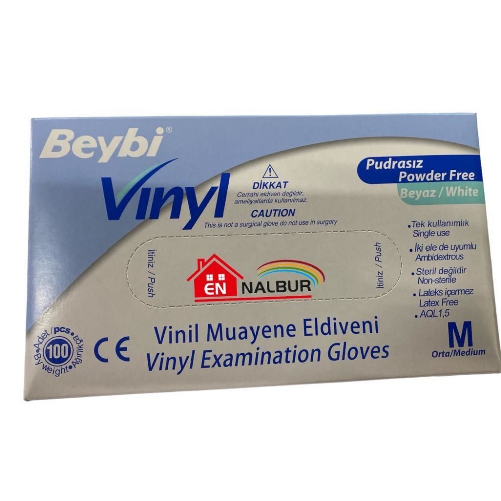 Beybi Vinyl M Vinil Pudrasız Muayene Eldiven 100'lük Kutu